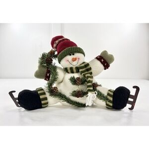 Vintage Plush Snowman Christmas Decor Ice Skates Wreath Shelf Sitter Figurine